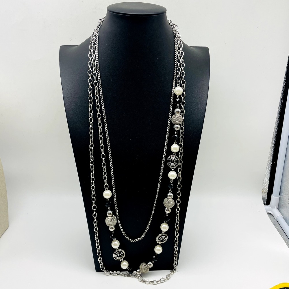 Long Multi Strand Layered Necklace Silver Tone Faux Pearl Bead Station Statement